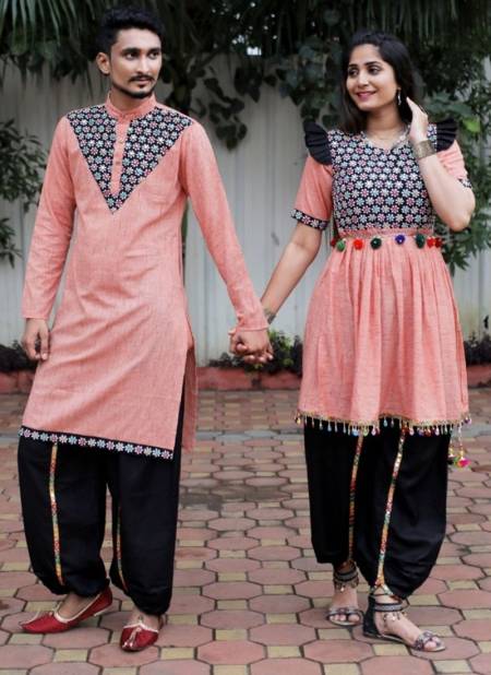 Pink Colour Dholida Couple Celebration navaratree special exclusive feative wear Copule dhoti kedia collection Dholida 06